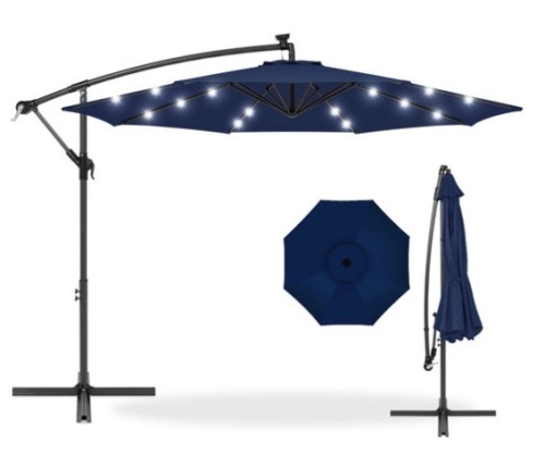 Solar LED Offset Hanging Patio Umbrella w/ Crank Tilt Adjustment - 10ft, Navy Blue - Lot 736