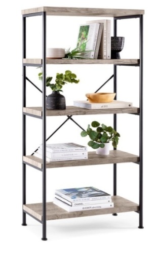 5-Tier Industrial Bookshelf w/ Metal Frame, Wood Shelves, Gray - Lot 737