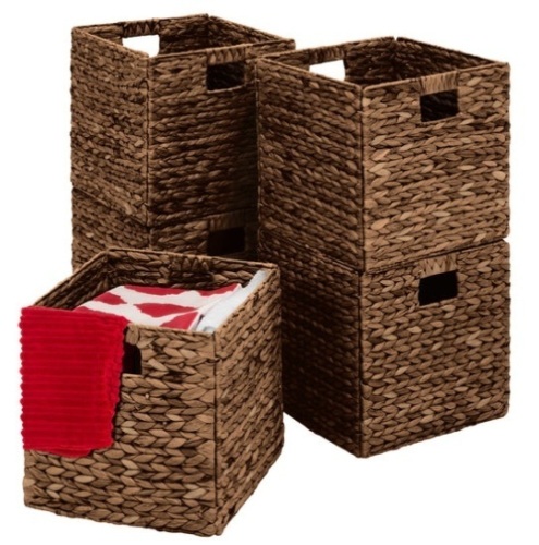 Set of 5 Collapsible Hyacinth Storage Baskets w/ Inserts - 12x12in, Espresso - Lot 727