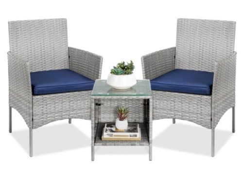 3-Piece Outdoor Patio Wicker Bistro Set w/ Side Storage Table, Gray/Navy - Lot 729