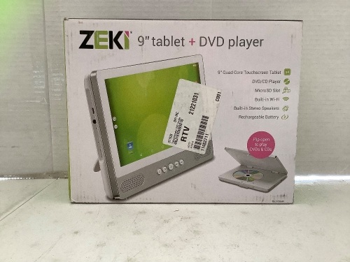 Zeki 9" Tablet & DVD Player, Powers Up, E-Comm Return, Retail $100.00 - Lot 518