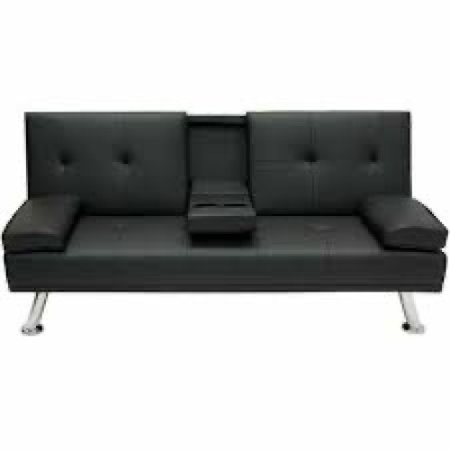 Faux Leather Upholstered Convertible Sofa Bed Futon w/ 2 Cupholders - Lot 510