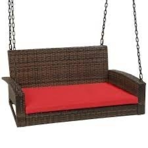 Woven Wicker Hanging Porch Swing Bench w/ Mounting Chains, Seat Cushion - Lot 516