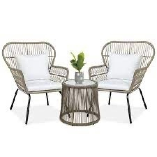 3-Piece Patio Wicker Conversation Bistro Set w/ 2 Chairs, Glass Top Table - Lot 532