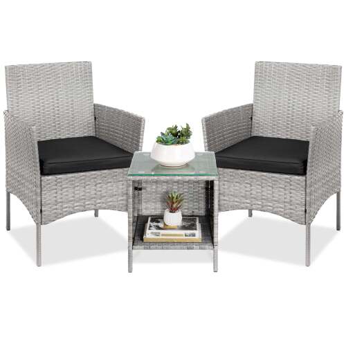 3-Piece Outdoor Patio Wicker Bistro Set w/ Side Storage Table - Lot 616