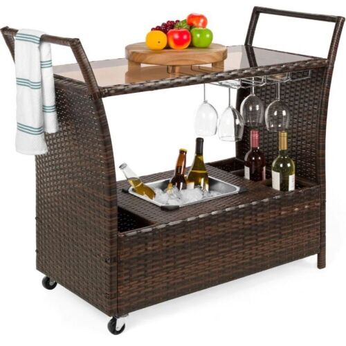 Wicker Serving Bar Cart w/ Wheels, Glass Counter, Ice Bucket - Lot 335