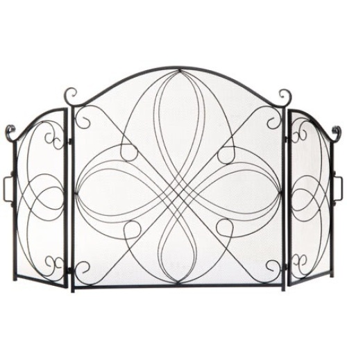 3-Panel Wrought Iron Metal Fireplace Screen Cover w/ Scroll Design - 55x33in  - Lot 348