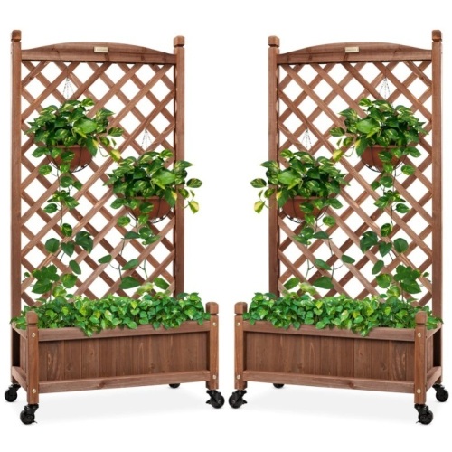 Set of 2 Wood Planter Box & Lattice Trellis w/ Optional Wheels - 48in  - Lot 408