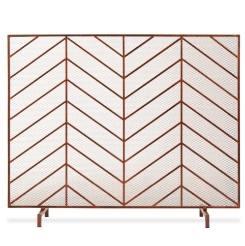 Single Panel Iron Chevron Fireplace Screen w/ Antique Finish - 38x31in  - Lot 606