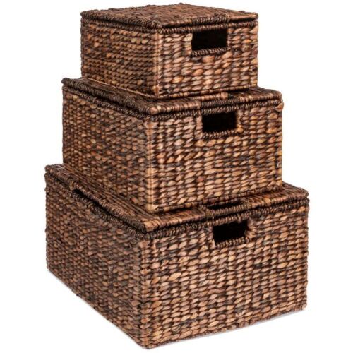 Set of 3 Large Hyacinth Storage Baskets w/ Handles, Lid - 21", 20", 18" - Lot 683