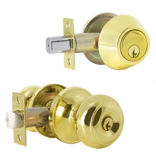 Lot of (4) Probrico Keyed Alike Entry Door Lock Knob with Single Cylinder Deadbolt, Polished Brass Finish - Lot 1020