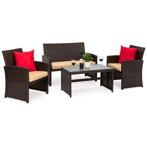 4-Piece Outdoor Wicker Conversation Patio Set w/ 4 Seats, Glass Table Top - Lot 16