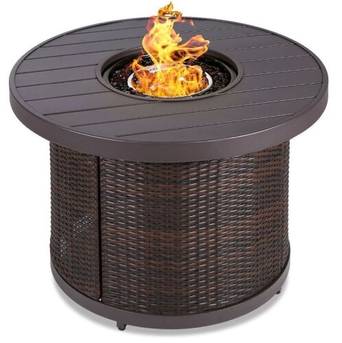 Round Fire Pit Table, 50,000 BTU Outdoor Wicker Firepit w/ Cover - 32in - Lot 26