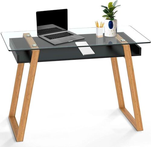 bonVIVO Massimo Small Desk - Modern Work Table with Glass Top for Bedroom and Office Spaces - Black  - Lot 482
