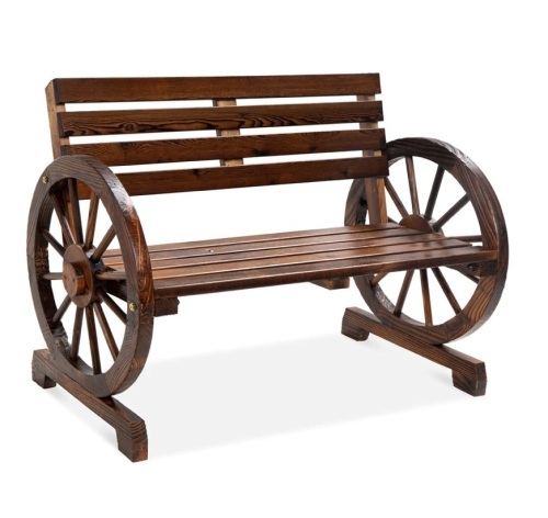 2-Person Rustic Wooden Wagon Wheel Bench w/ Slatted Seat and Backrest,E-COMMERCE RETURN - Lot 17