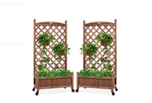 Set of 2 Wood Planter Box & Lattice Trellis w/ Optional Wheels - 48in,APPEARS NEW  - Lot 39