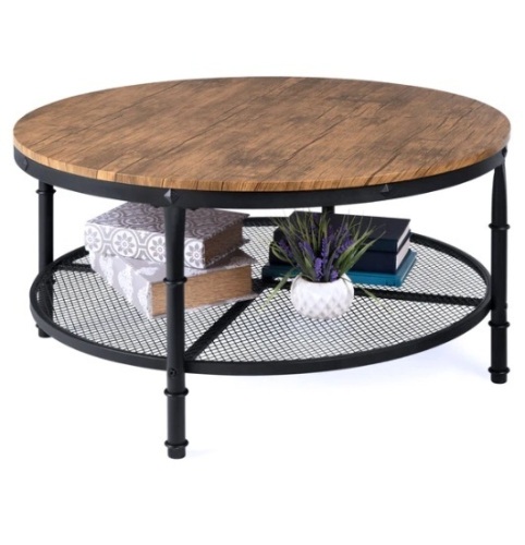 2-Tier Round Industrial Wood & Steel Coffee Table, Storage Shelves - 35.5in,APPEARS NEW - Lot 158