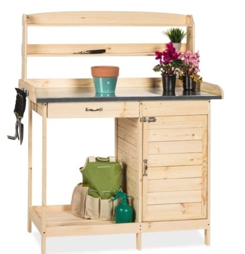 Garden Wooden Potting Bench w/ Metal Table Top - Natural,E-COMMERCE RETURN - Lot 154