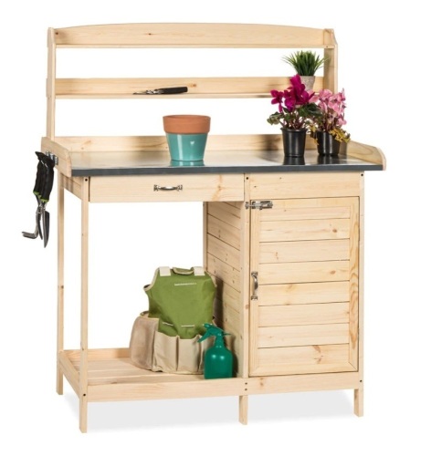Garden Wooden Potting Bench w/ Metal Table Top - Natural,APPEARS NEW - Lot 120