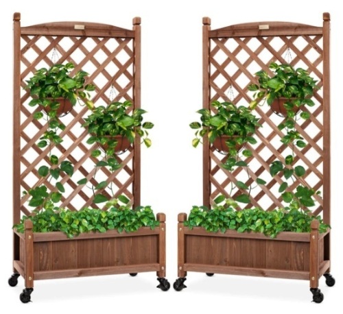 Set of 2 Wood Planter Box & Lattice Trellis w/ Optional Wheels - 48in, Appears New