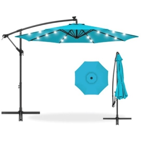 Solar LED Offset Hanging Patio Umbrella w/ Crank Tilt Adjustment - 10ft, Appears New