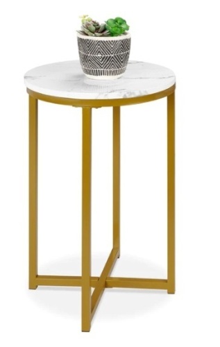 Round Coffee Side Table w/ Faux Marble Top, Metal Frame - 16in, Appears New