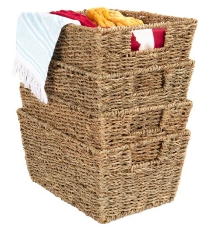 Set of 4 Seagrass Storage Tote Baskets, Laundry Organizer w/ Insert Handles, Appears New