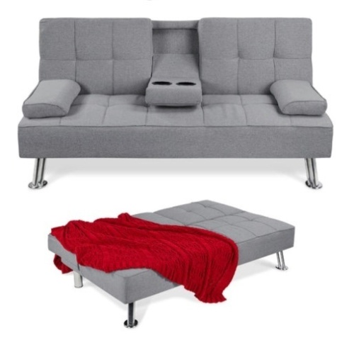 Linen Upholstered Convertible Sofa Bed Futon w/ 2 Cupholders, Gray - Lot 200