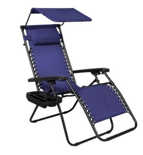 Folding Zero Gravity Recliner Patio Lounge Chair w/ Canopy, Side Tray, Navy Blue - Lot 203