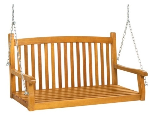 Wooden Curved Back Hanging Porch Swing Bench w/ Mounting Chains - 48in, Brown - Lot 211