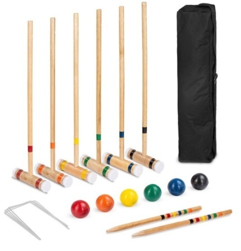 6-Player Wood Croquet Set w/ 6 Mallets, 6 Balls, Wickets, Stakes, Bag - 32in - Lot 215