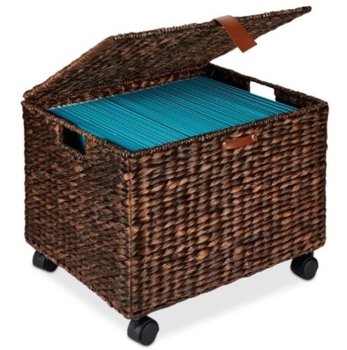 Mobile Water Hyacinth Rolling Filing Cabinet Storage Basket w/ Lid, Wheels, Brown - Lot 220