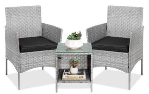 3-Piece Outdoor Patio Wicker Bistro Set w/ Side Storage Table, Gray/Black - Lot 221