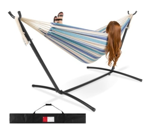 2-Person Brazilian-Style Double Hammock w/ Carrying Bag and Steel Stand, Ocean - Lot 223
