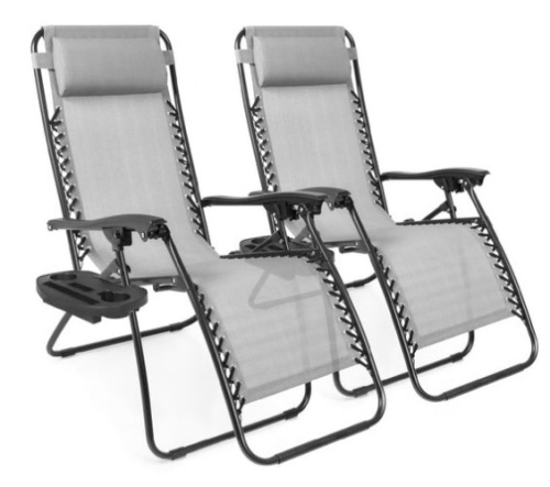 Set of 2 Adjustable Zero Gravity Patio Chair Recliners w/ Cup Holders, Ice Gray - Lot 226