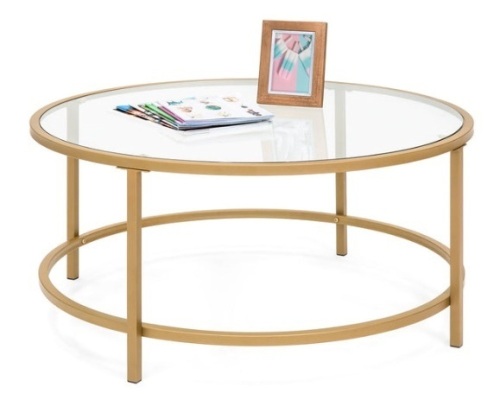 Round Tempered Glass Coffee Table w/ Steel Frame - 36in, Gold - Lot 230