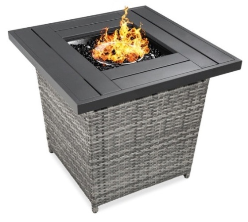 28in Fire Pit Table 50,000 BTU Wicker Propane w/ Faux Wood Tabletop, Cover, Gray - Lot 233