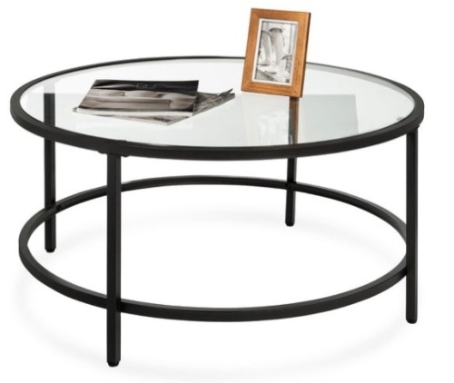 Round Tempered Glass Coffee Table w/ Steel Frame - 36in, Black - Lot 234