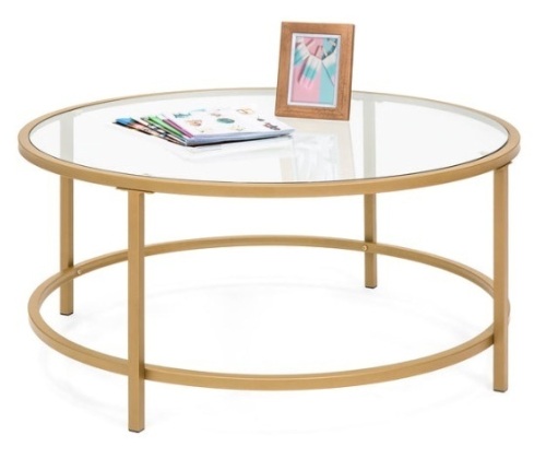 Round Tempered Glass Coffee Table w/ Steel Frame - 36in, Gold - Lot 235