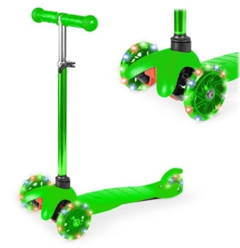 Kids Mini Kick Scooter Toy w/ Colorful Light-Up Wheels, Adjustable T-Bar, Green - Lot 241