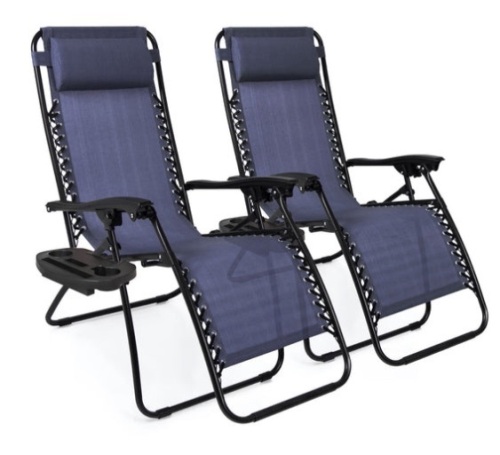 Set of 2 Adjustable Zero Gravity Patio Chair Recliners w/ Cup Holders, Blue - Lot 245