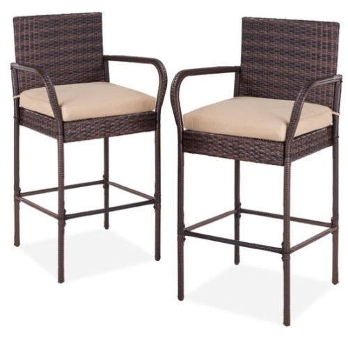 Set of 2 Indoor Outdoor Wicker Bar Stools w/ Cushion, Footrests, Armrests, Brown - Lot 247