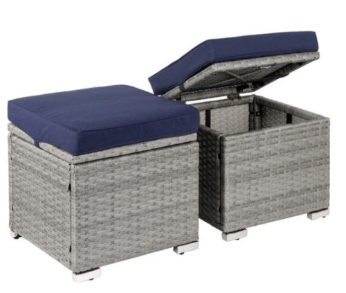 Set of 2 Wicker Ottomans, Multipurpose w/ Removable Cushions, Steel Frame, Gray/Navy - Lot 253