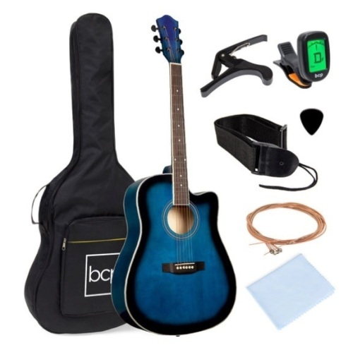 Full Size Beginner Acoustic Guitar Set with Case, Strap, Capo - 41in, Blue - Lot 256