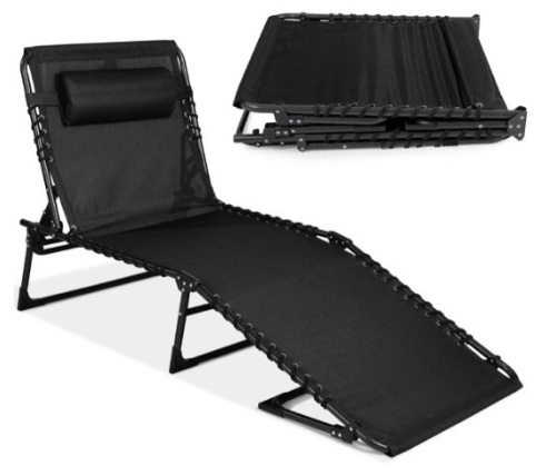 Portable Patio Chaise Lounge Chair Outdoor Recliner w/ Pillow, Black - Lot 259