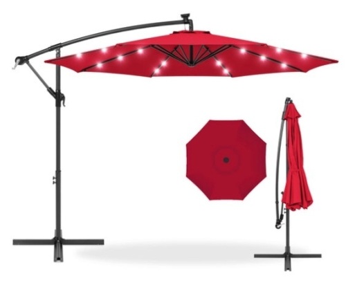 Solar LED Offset Hanging Patio Umbrella w/ Crank Tilt Adjustment - 10ft, Red - Lot 261