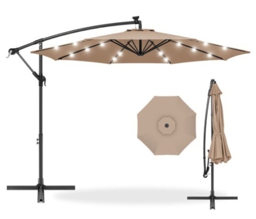 Solar LED Offset Hanging Patio Umbrella w/ Crank Tilt Adjustment - 10ft, Tan - Lot 262