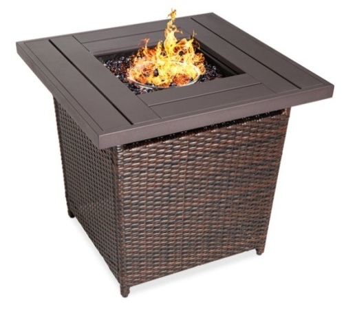 28in Fire Pit Table 50,000 BTU Wicker Propane w/ Faux Wood Tabletop, Cover, Brown - Lot 265