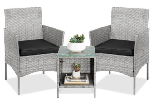3-Piece Outdoor Patio Wicker Bistro Set w/ Side Storage Table, Gray/Black - Lot 268