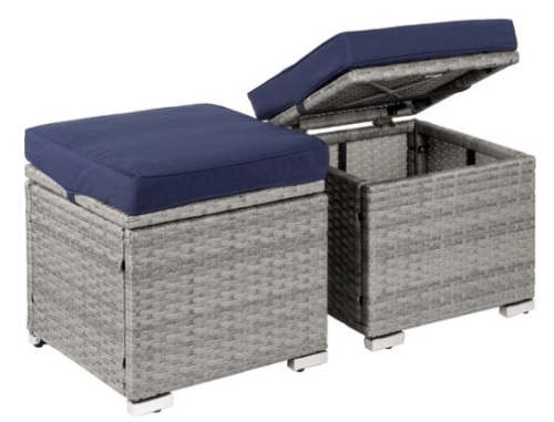 Set of 2 Wicker Ottomans, Multipurpose w/ Removable Cushions, Steel Frame, Gray/Navy - Lot 269